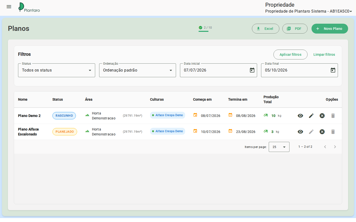 Listagem de planos com registros
