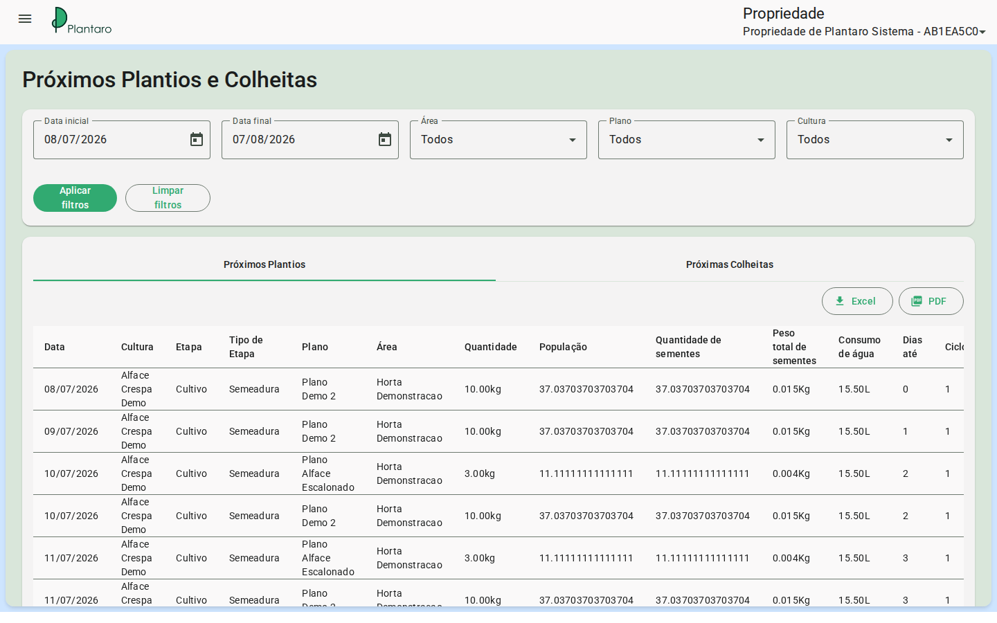 Proximos plantios e colheitas